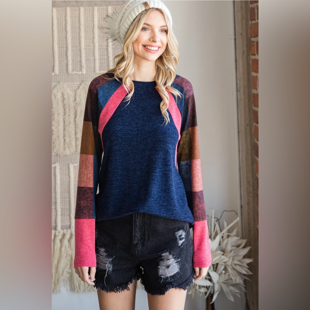 Solid Colorblock Check Printed Sleeves Long Sleeve Top